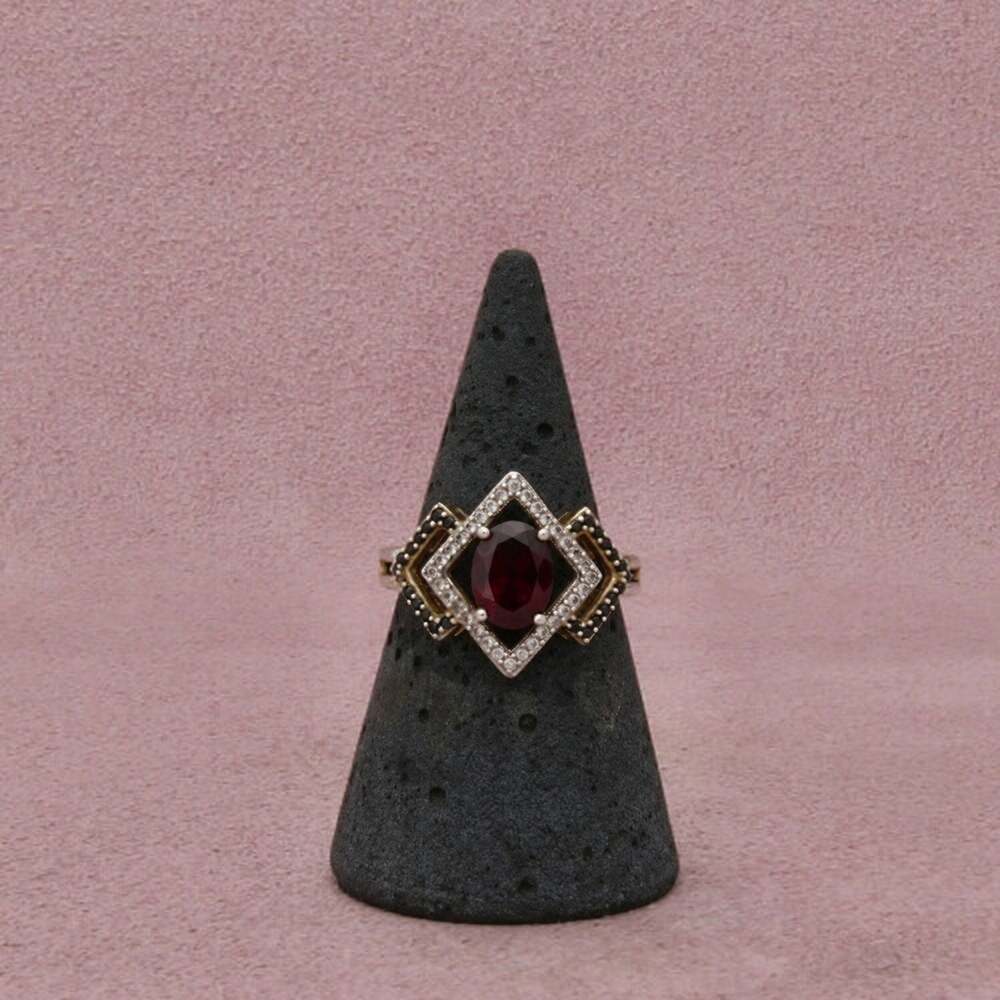 Sterling Silver Gold Plate Garnet & C Z & Black Spinel Geometric Halo Ring 7